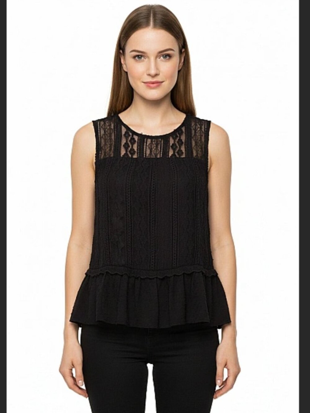 Zara Black Crochet Lace Peplum Top Blouse Sleeveless Textured Size Medium